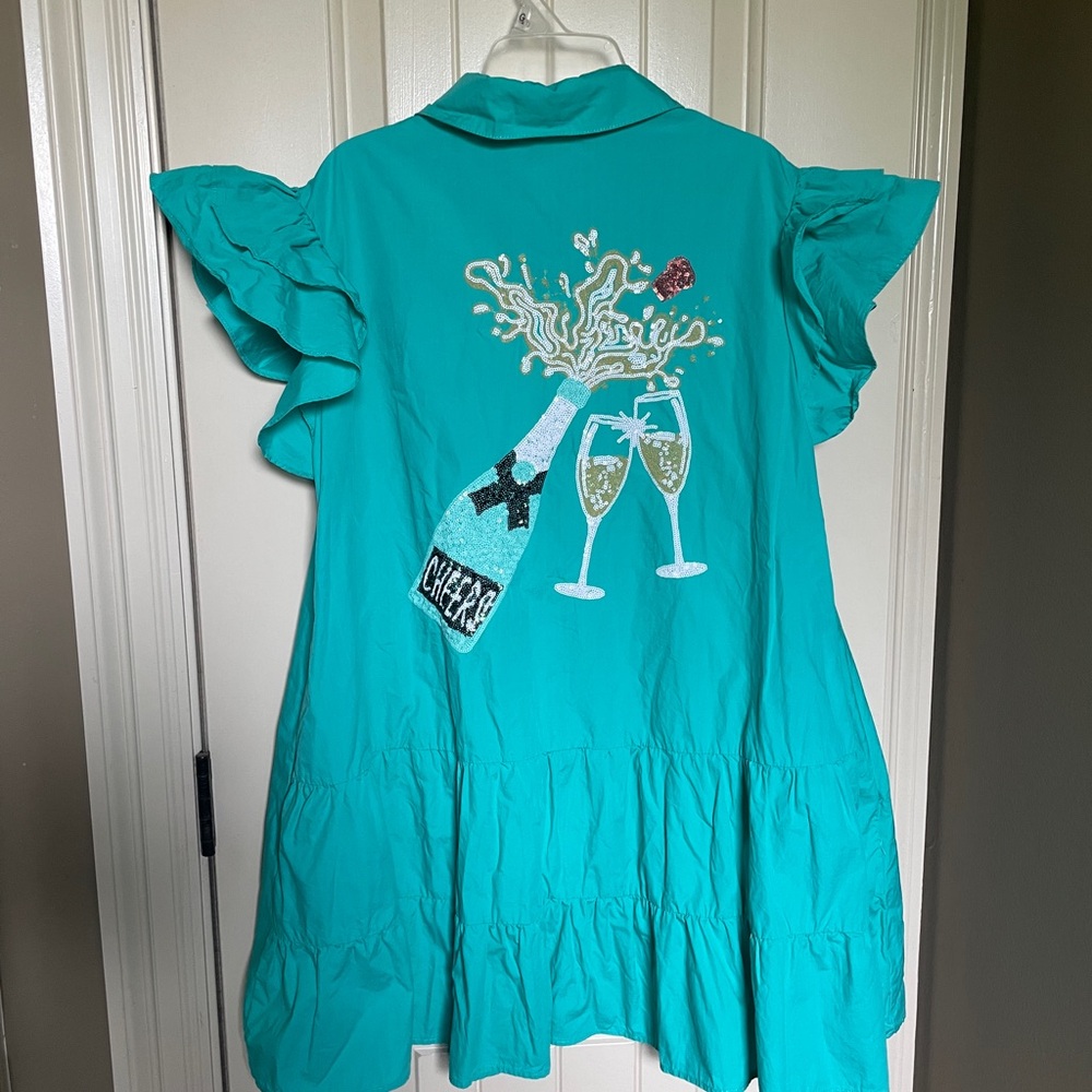 Fantastic Fawn Turquoise Sequin “Cheers” Dress